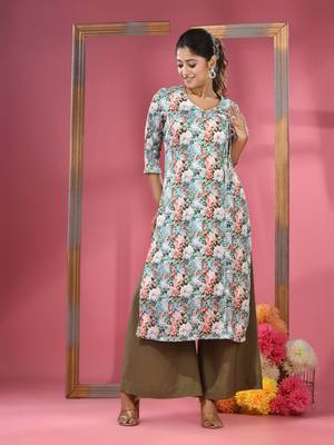 Sky blue crepe floral printed angrakha kurta 2