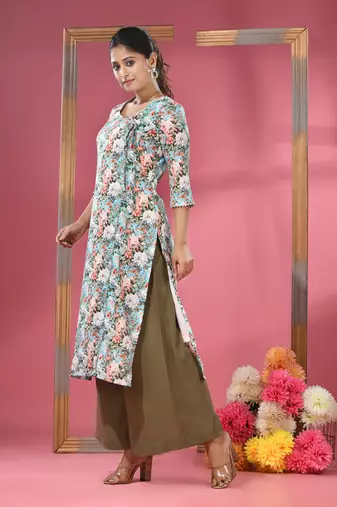 Sky blue crepe floral printed angrakha kurta