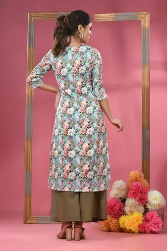 Sky blue crepe floral printed angrakha kurta