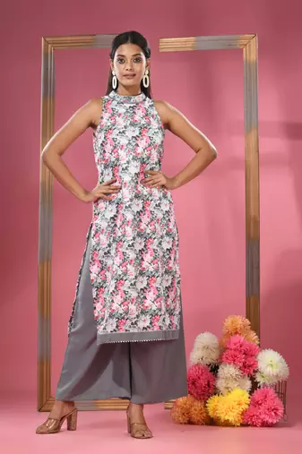 White georgette floral printed kurta