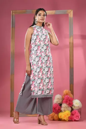 White georgette floral printed kurta