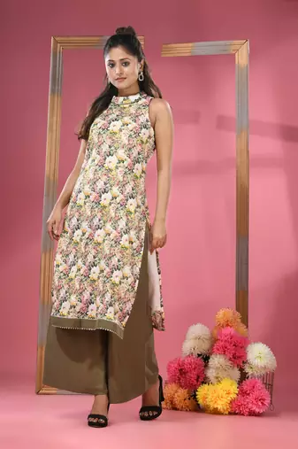 Yellow georgette floral printed kurta