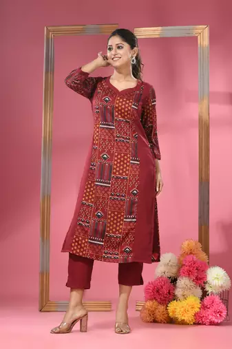 Maroon crepe printed kurta