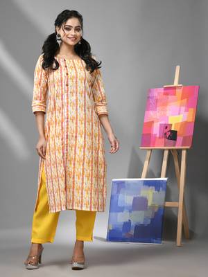 White & yellow cotton printed kurta 1
