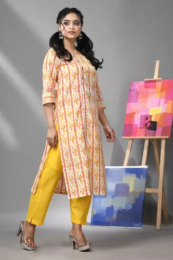 White & yellow cotton printed kurta