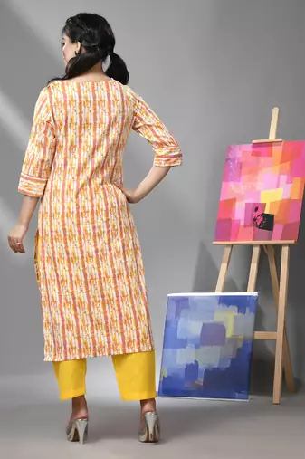 White & yellow cotton printed kurta