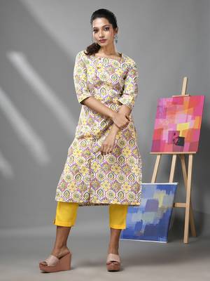 White & yellow cotton floral printed kurta 1