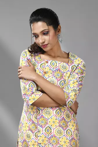 White & yellow cotton floral printed kurta