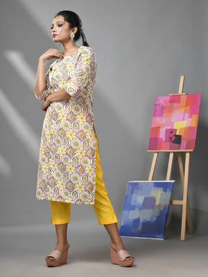 White & yellow cotton floral printed kurta 3