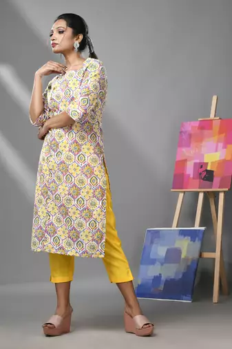 White & yellow cotton floral printed kurta