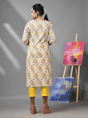 White & yellow cotton floral printed kurta 4