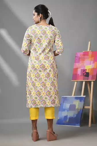White & yellow cotton floral printed kurta