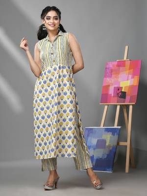 White cotton kurta with floral print & stripes 1