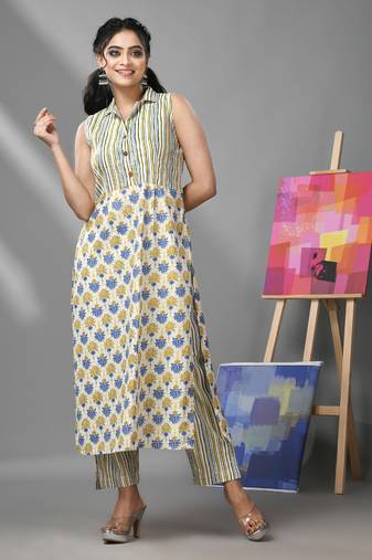 White cotton kurta with floral print & stripes