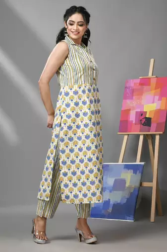 White cotton kurta with floral print & stripes