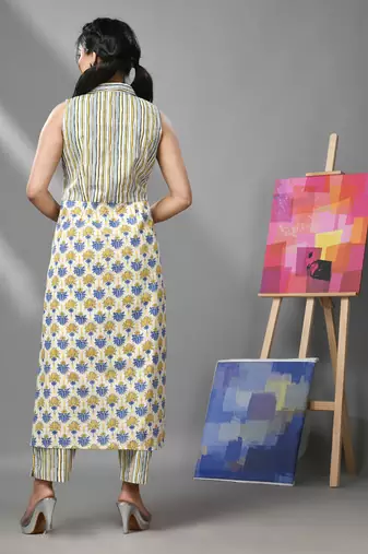 White cotton kurta with floral print & stripes