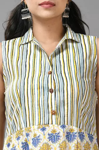 White cotton kurta with floral print & stripes