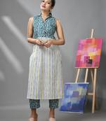 White & teal cotton kurta with floral print & stripes