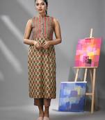 Green cotton kurta with ethnic print & stripes