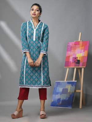 Sea green cotton floral printed kurta with lace 1