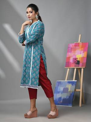 Sea green cotton floral printed kurta with lace 3
