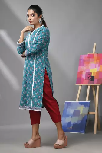 Sea green cotton floral printed kurta with lace