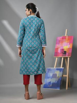 Sea green cotton floral printed kurta with lace 4