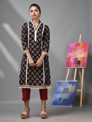 Black cotton floral printed kurta with lace 1