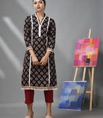 Black cotton floral printed kurta with lace