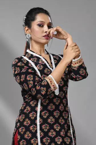 Black cotton floral printed kurta with lace