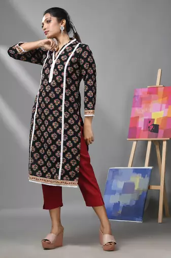 Black cotton floral printed kurta with lace