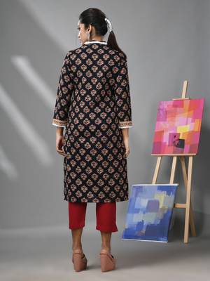 Black cotton floral printed kurta with lace 4