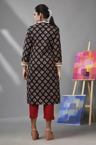 Black cotton floral printed kurta with lace