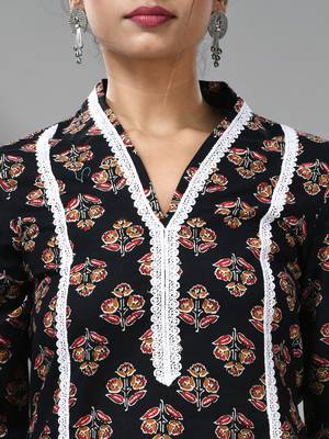 Black cotton floral printed kurta with lace 5