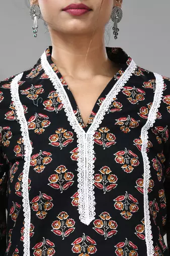 Black cotton floral printed kurta with lace