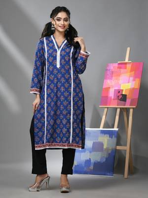 Blue cotton floral printed kurta with lace 1