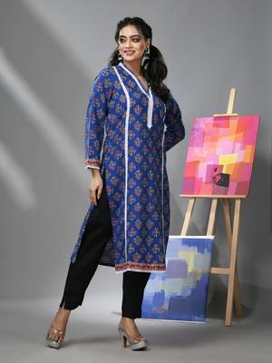 Blue cotton floral printed kurta with lace 3