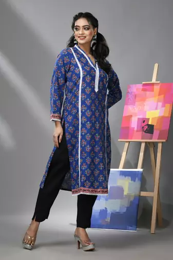 Blue cotton floral printed kurta with lace