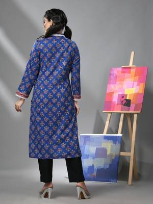 Blue cotton floral printed kurta with lace 4