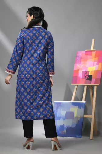 Blue cotton floral printed kurta with lace