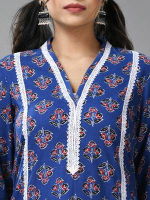 Blue cotton floral printed kurta with lace 5
