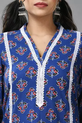 Blue cotton floral printed kurta with lace