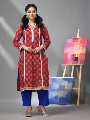 Red cotton floral printed kurta with lace 1