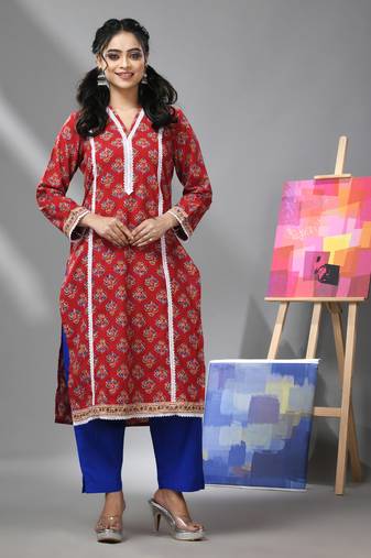 Red cotton floral printed kurta with lace