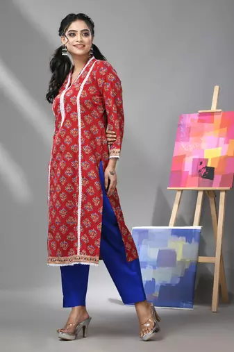 Red cotton floral printed kurta with lace