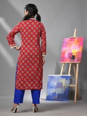 Red cotton floral printed kurta with lace 4