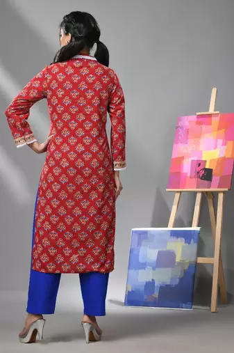 Red cotton floral printed kurta with lace