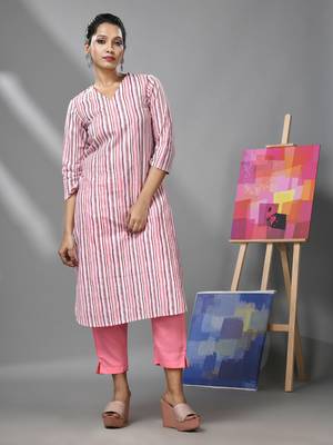 White & pink striped kurta 1
