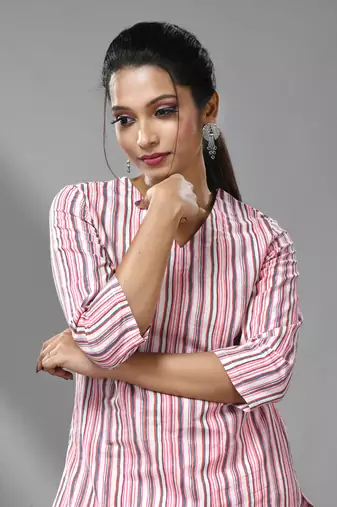 White & pink striped kurta