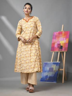 White & mustard yellow cotton kurta with ethnic prints 2